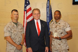 Joining together at the August luncheon are (l-r) Capt. Russell Cromley, USMC, network operations and systems officer, 1st Marine Expeditionary Force (I MEF); Mark Witzel, chapter president; and Gunnery Sgt. Alonzo Lawton, USMC, information assurance manager, I MEF-Forward.